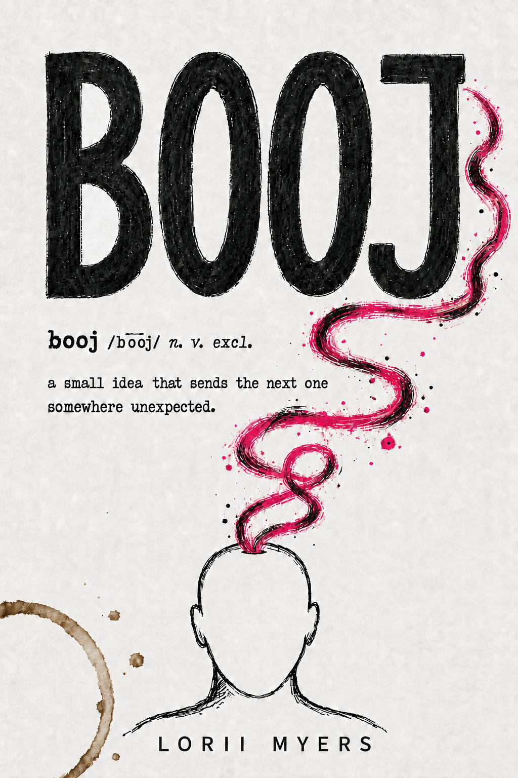 BOOJ cover artwork with black lettering, a pink idea trail, a faceless figure and a coffee-brown stain